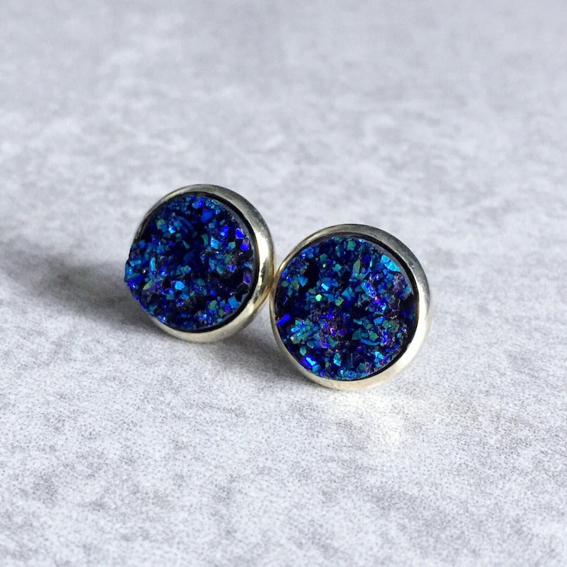 Blue Druzy Earrings Faux Quartz Geodes Silver Bezel Studs - Etsy