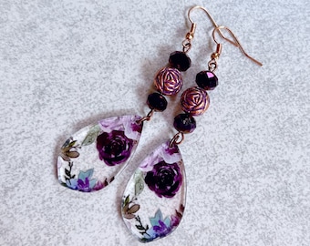 Aubergine Floral Teardrop Earrings - Acrylic Flower Charms, Rose Gold Ear Wires, 3D Rose Beads, Faceted Plum Purple Beads, Boho Chic, Garden