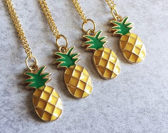 Pineapple Charm Necklace - Gold & Enamel Pineapple Fruit Charms, Gold Link Chain, Tropical, Hawaiian, Bahamas, Palm Springs, Bachelorette