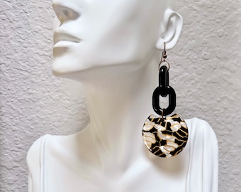 Black Abstract Acrylic Statement Earrings - Black Links, Gold/Pearl/Black Abstract Charms, Bronze Ear Wires, Boho Chic, Cocktail Jewelry