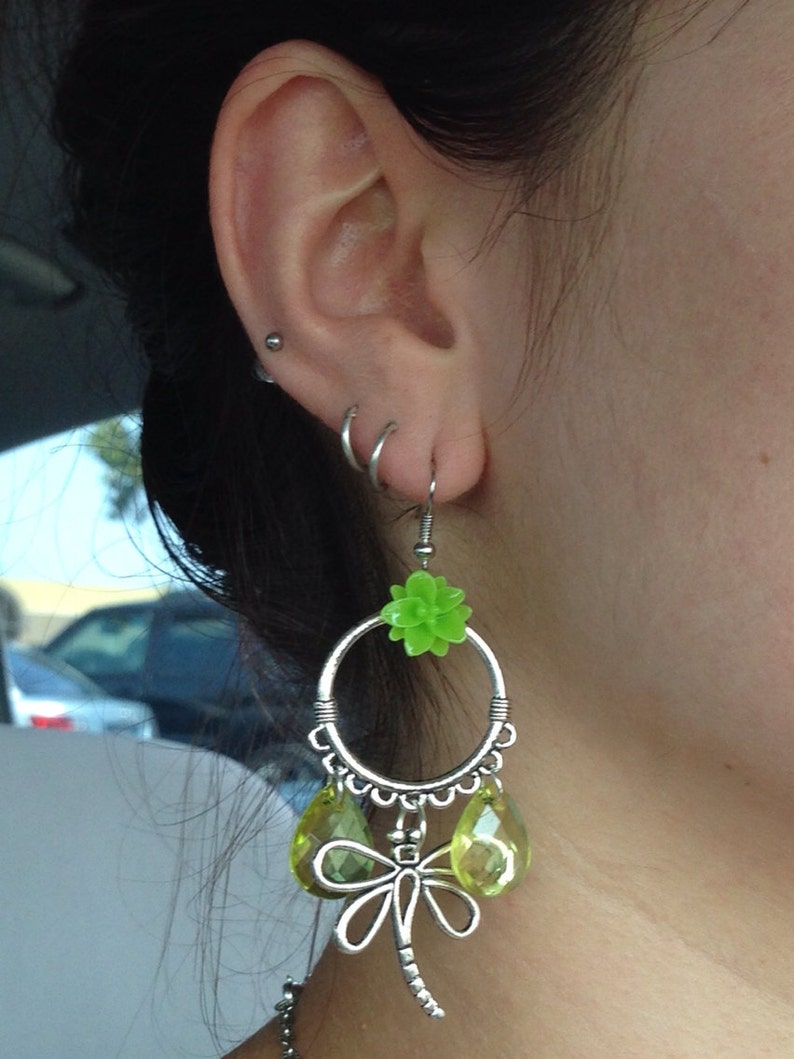 40/% OFF: Green Dragonfly Earrings Insects Lotus Flower Hippie Nature Garden Silver Hoops Neon Teardrop Beads Woodland Creature