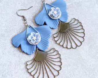 Periwinkle Blue Art Deco Gingko Leaf Earrings - Pastel Blue, Plumeria Flowers, Silver Fan Charms, Waterfall Earrings, Statement Earrings