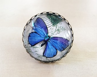30 % de réduction : bleu bague papillon - bande réglable Bronze Antique, bord en dentelle, Vintage, Cabochon en verre 30mm, écriture, Nature, jardin, timbre