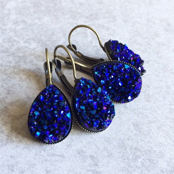 Deep Purple Teardrop Druzy Earrings - Leverback Hooks, 18mmx13mm Bronze Bezel Trays, Iridescent Violet, Cobalt Blue, Boho Chic Bridesmaids