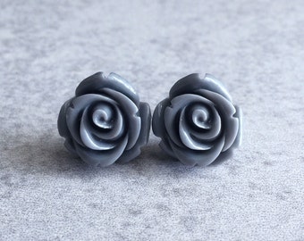 Grey Blooming Rose Bud Earrings - Silver Plated Stud Posts, 15mm Resin Roses, Cabochons, Greyscale, Black, Buds, Pastel, Bridesmaid Jewelry