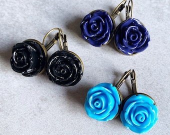 Jet Black · Navy Blue · Sky Blue // Large Rose Leverback Earrings - Antique Bronze, Dark Blue, Cobalt, Bridesmaids Jewelry, Bridal Gifts