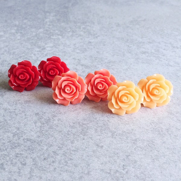 Kirschrot · Lachsrosa · Juicy Orange / Rosen Ohrstecker - 20mm Resin Blumen Cabochons, Edelstahl Posts, Boho Brautjungfern Schmuck