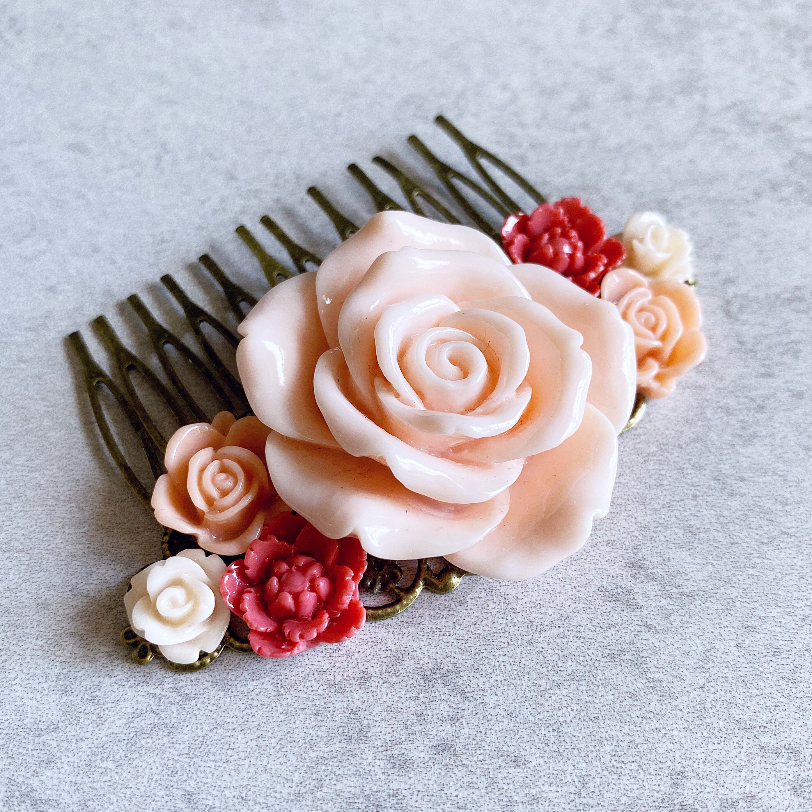 Shades of Pink Floral Hair Comb - Antique Bronze, Blush Pink, Coral ...