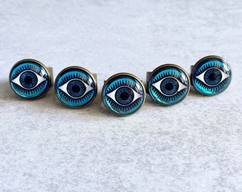 Cobalt Blue Evil Eye Ring - 18mm Vintage Glass Eyeball Cabochon, Evil Eye Protection, Antique Bronze Adjustable Band, Iridescent, Mystical