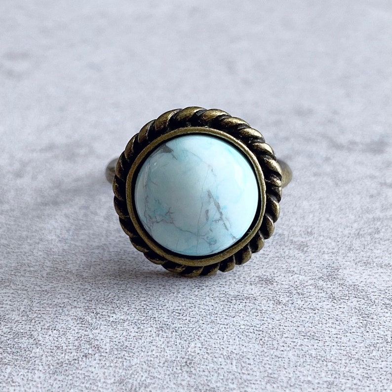 Vintage-Inspired Mint Green Turquoise Ring Antique Bronze Braided Bezel Size 6 Band Sea Foam Pale Aqua Boho Chic Stacking Rings
