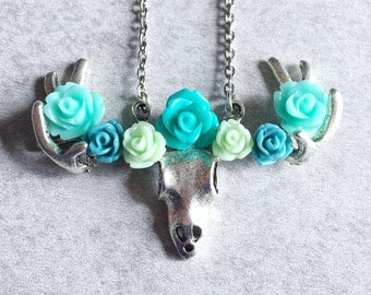 Flower Crown Deer Antler Necklace - Teal, Mint, Aqua Blue, Pistachio Green, Roses, Flowers, Rustic, Boho Chic, Silver Skull Charm/Link Chain