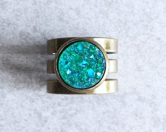 Bague empilable Druzy vert sarcelle - monture bronze antique, turquoise, anneaux gitane triple empilage, cadeaux de demoiselles d'honneur, bohème chic