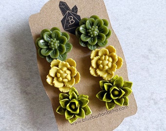 Khaki Green · Chartreuse Yellow · Moss Green // Floral Stud Earrings, Set of 3 - Peonies, Roses, Lotus Flowers, Stainless Steel Posts