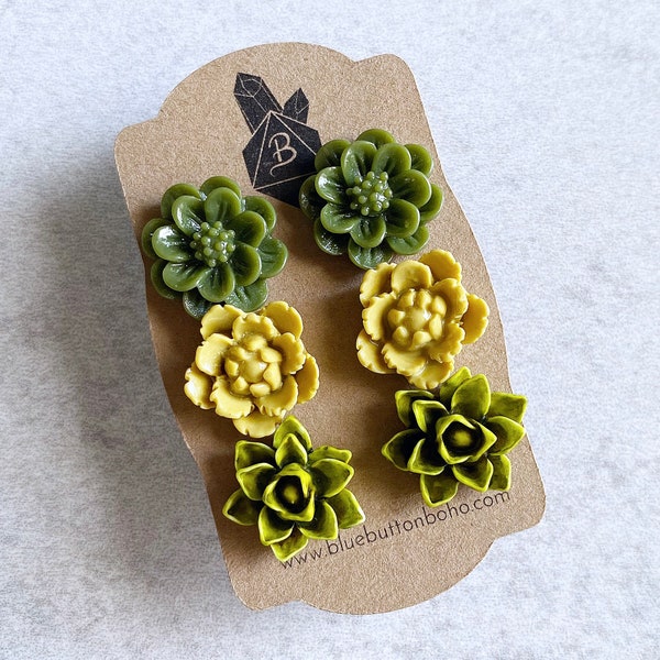 Khaki Green · Chartreuse Yellow · Moss Green // Floral Stud Earrings, Set of 3 - Peonies, Roses, Lotus Flowers, Stainless Steel Posts