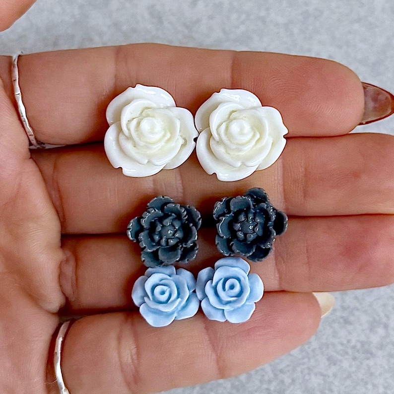 Denim Blues Floral Stud Earrings, Set of 3 - Ivory White Roses, Grey Peonies, Powder Blue Roses, Stainless Stud Posts image 4