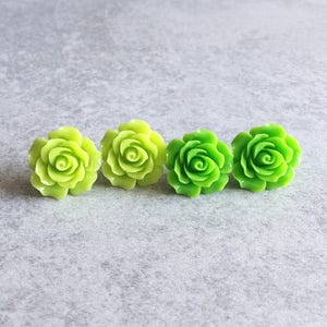 Lime Green · Shamrock Green // Rose Stud Earrings - 20mm Resin Flower Cabochons, Stainless Steel Stud Backs, Shabby Chic, Bridesmaid Jewelry