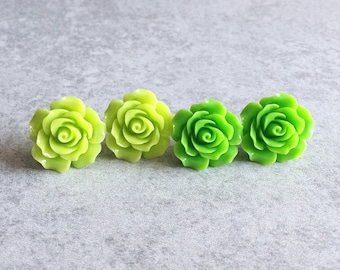 Lime Green · Shamrock Green // Rose Stud Earrings - 20mm Resin Flower Cabochons, Stainless Steel Stud Backs, Shabby Chic, Bridesmaid Jewelry