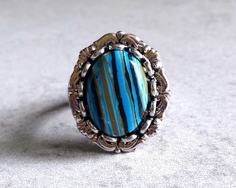 Striped Turquoise Vintage Statement Ring - Antique Silver Filigree Bezel, Adjustable, Blue, Brown, Black, Howlite, Gypsy, Hippie, Boho Chic