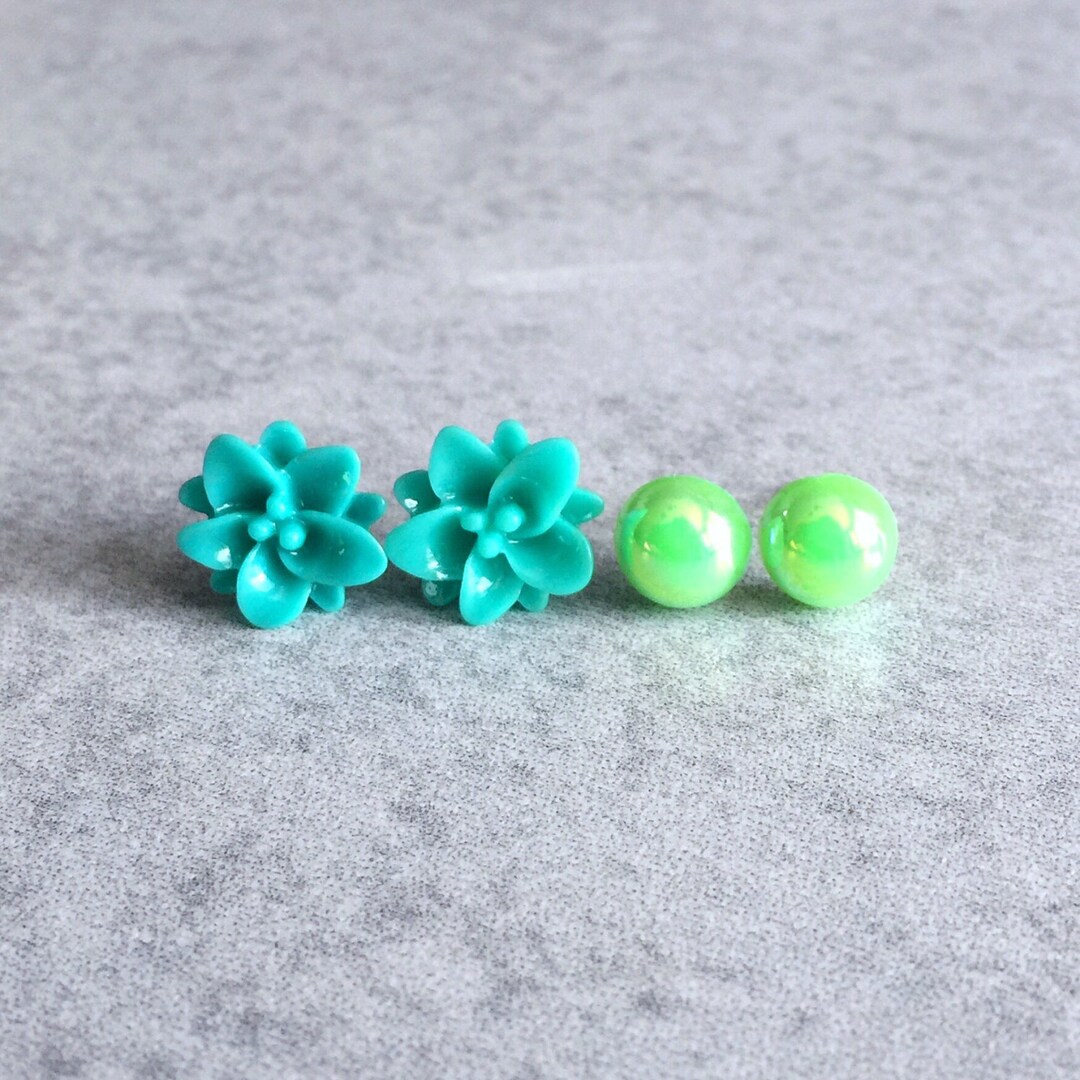 Green Stud Earrings, Set of 2 12mm Teal Green Lotus Flowers, Lime Green Pearl Cabochons, Roses