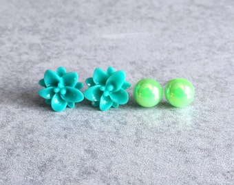 Green Stud Earrings, Set of 2 - 12mm Teal Green Lotus Flowers, Lime Green Pearl Cabochons, Roses, Pearlescent, Bridesmaid Jewelry