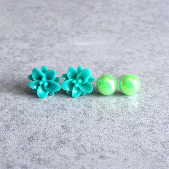 Green Stud Earrings Set of 2 12mm Teal Green Lotus Flowers Etsy