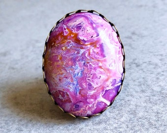 Mermaid Marbled Oval Statement Ring - Magenta, Lilac, Fuchsia, Purple, Pink, 40mmx30mm Cabochon, Antique Bronze Setting/Adjustable Band