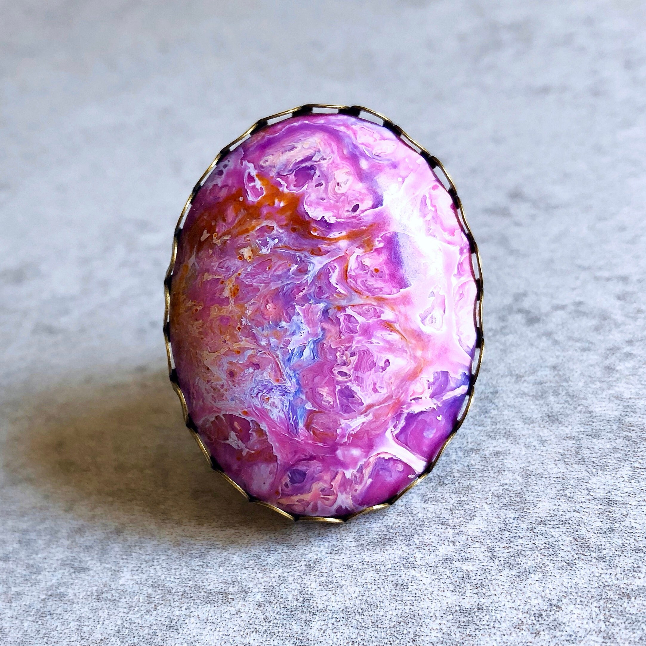 Mermaid Marbled Oval Statement Ring - Magenta, Lilac, Fuchsia, Purple, Pink, 40mmx30mm Cabochon, Antique Bronze Setting/Adjustable Band