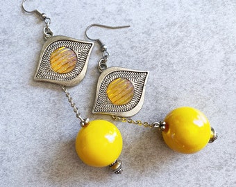 Yellow Eye x Gumball Statement Earrings - Glitter Cabochons, Evil Eye, Mustard, Lemon, Bright Colors, Unique Jewelry, Sparkly, Silver Chain