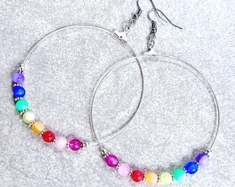 Rainbow Beaded Hoop Earrings - Acrylic Beads, Rainbow Gradient, Silver Hoops, Stainless Ear Wires, Pride Jewelry, LGBTQ+, Colorful, Ombre