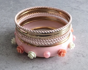 Pink Flower Bangle Set - Pearls, Flowers, Salmon, Coral, Light Pink, White, Gold, Rope, Bracelets, Colorful, Festival Fashion, Hippie, Gypsy