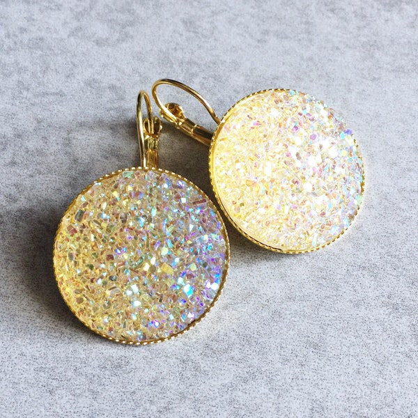 Champagne Gold Druzy Leverback Earrings - Large Glitter Quartz Geodes, Silver Bezels, Yellow Gold, Iridescent 25mm Stone Cabochons, Sparkly