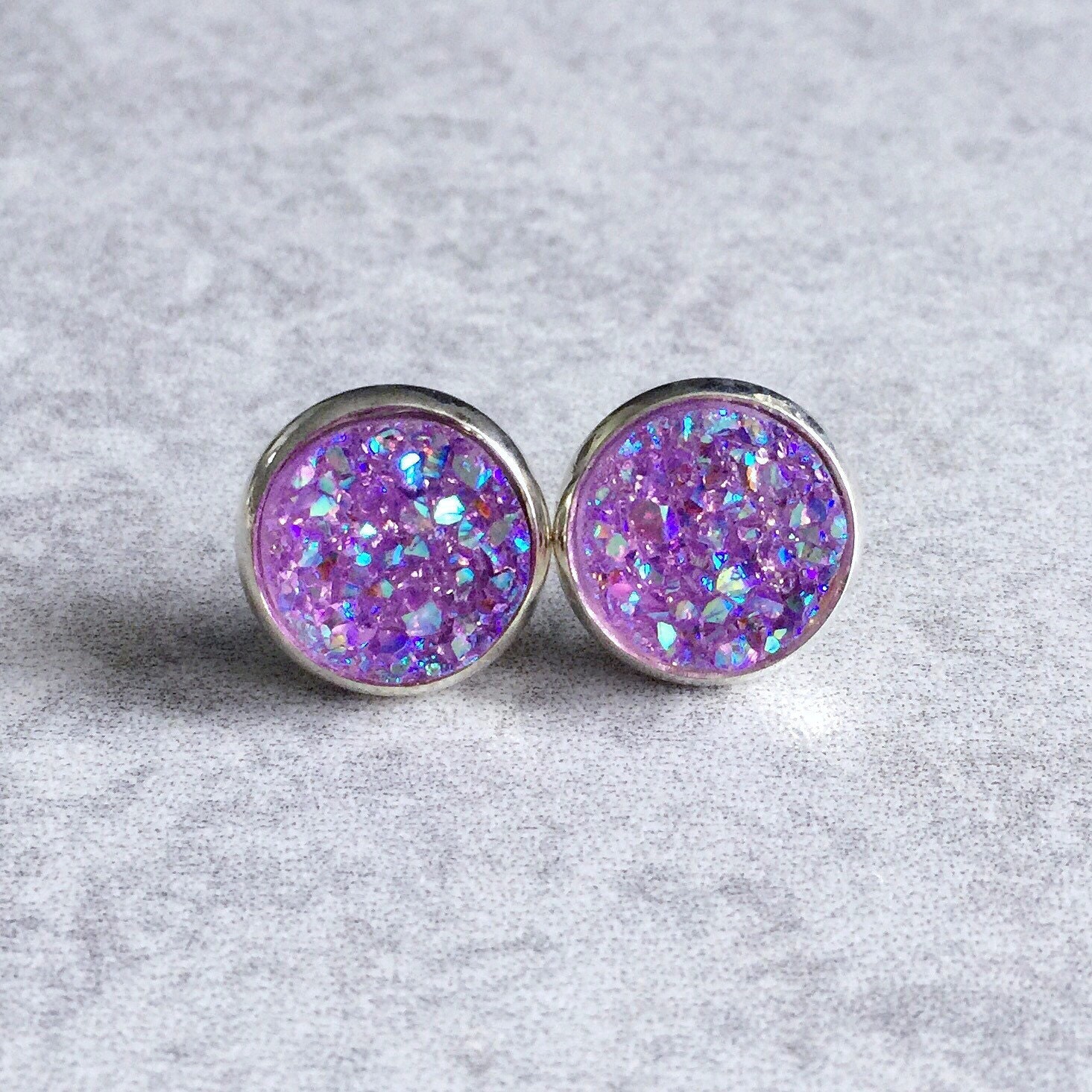 Purple Druzy Earrings Faux Quartz Geodes Silver Bezel Etsy