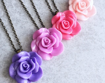 Violet · Lilac · Blush · Bubblegum  // Pink & Purple Rose Necklaces - Bronze/Silver Chain, 30mm Resin Cabochon, Flowers, Bridesmaid Jewelry