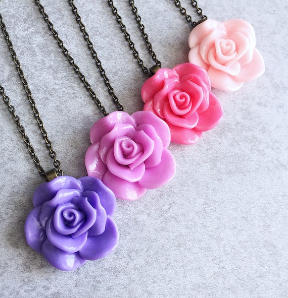 Violet · Lilac · Blush · Bubblegum  // Pink & Purple Rose Necklaces - Bronze/Silver Chain, 30mm Resin Cabochon, Flowers, Bridesmaid Jewelry