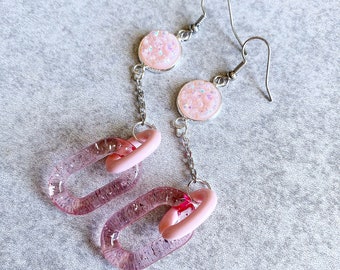 Pink Druzy x Chain Link Earrings - Blush Pink Geode Cabochons, Silver Link Chain, Acrylic Link Beads, Glitter, Iridescent, Statement Jewelry