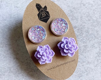 Lavender Purple Succulent x Druzy Earrings, Set of 2 - Flower Studs, Iridescent Glitter Geodes, Lilac, Pastels, Cactus Lover, Jewelry Sets