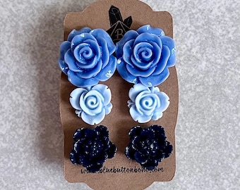 Periwinkle Blue Roses · Powder Blue Roses · Dark Navy Blue Peonies // Floral Stud Earrings, Set of 3 - Denim Blues, Flower Gifts, Stainless