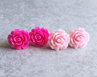 Light Pink · Hot Pink // Rose Stud Earrings - 20mm Resin Flower Cabochons, Stainless Steel Backs, Shabby Chic, Floral, Bridesmaid Jewelry