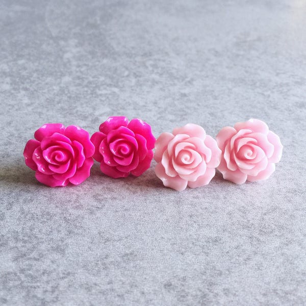 Light Pink · Hot Pink // Rose Stud Earrings - 20mm Resin Flower Cabochons, Stainless Steel Backs, Shabby Chic, Floral, Bridesmaid Jewelry