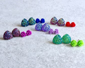 Triangle Druzy Stud Earring Set - Sparkly, Glitter Geode Cabochons, Roses, Bridesmaids Jewelry, Colorful, Purple, Blue, Green, Red, Magenta