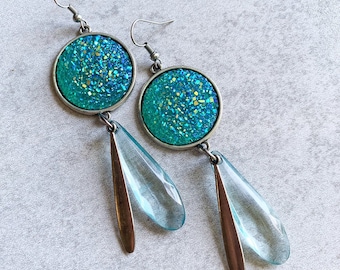 Aqua Blue Iridescent Druzy Drop Earrings - 25mm Glitter Geodes, Faceted Acrylic Teardrop Beads, Silver Bezel Trays, Boho, Statement Earrings
