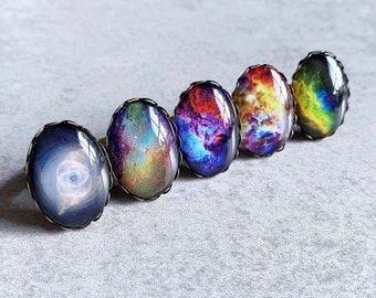 Celestial Galaxy Statement Rings - Bronze Adjustable Band, Oval Glass Cabochons, Outer Space, Nebula, Milky Way, Stars, Sky, Astronomy