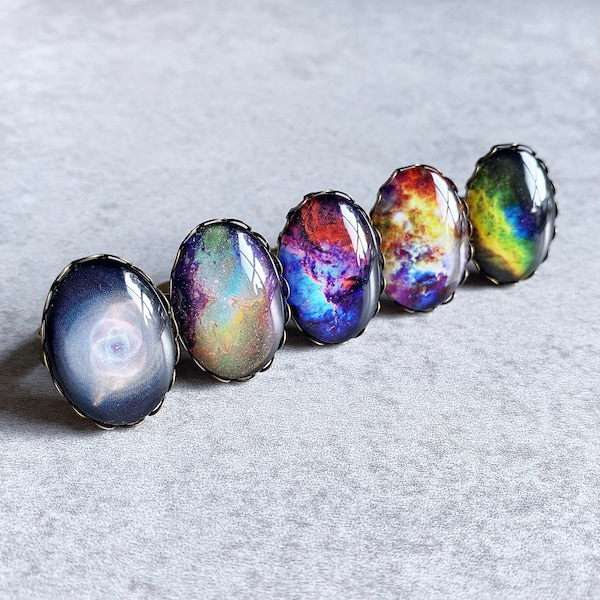 Celestial Galaxy Statement Rings - Bronze Adjustable Band, Oval Glass Cabochons, Outer Space, Nebula, Milky Way, Stars, Sky, Astronomy