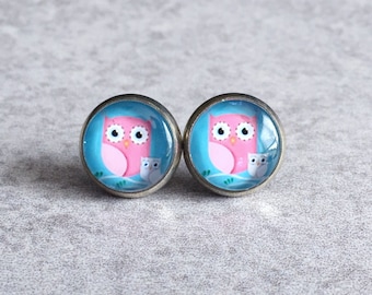 30% DE DESCUENTO: Pendientes de Búho - Cabujón de cristal rosa y azul, bandejas de bisel plateadas de 12 mm, postes de perno, blanco, pájaros, joyas de búho, hoot, amor