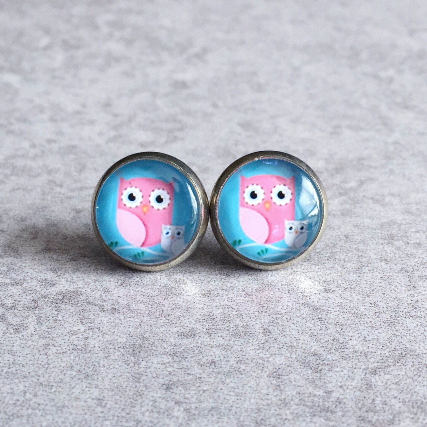30% OFF: Owl Earrings - Pink and Blue Glass Cabochons, 12mm Silver Plated Bezel Trays, Stud Posts, W