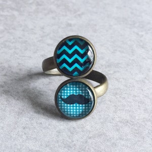40% OFF: Teal Mustache Ring - Chevron Stripes, Mustaches, Green & Black, Hipster, Double Adjustable Band, Antique Bronze, Glass Cabochons