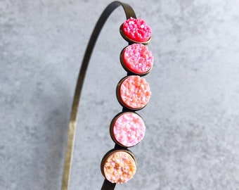 Pink Ombre Druzy Headband - Iridescent Geode Glitter Stones, Bridesmaid Hair Accessories, Bohemian Bride, Peach, Blush, Magenta, Bubblegum