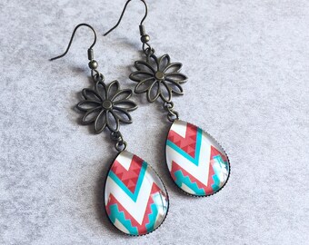 Southwestern Teardrop Earrings - Multicolor, Aztec Design, Mexican, Antique Bronze Floral Charms, French Hooks, Blue, Yellow, White, Dangle