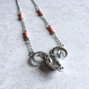 Coral Pink Beaded Ram Skull Necklace - Coral Turquoise Seed Beads, Silver Antler Charm/Chain, Salmon Pink, Deer Skull, Boho Chic, Layering