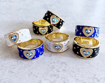 Enamel Evil Eye Stackable Rings - Black, White, Cobalt Blue, Gold, Hearts, Stars, Rhinestones, Stacking, Boho Chic Jewelry, Statement Rings